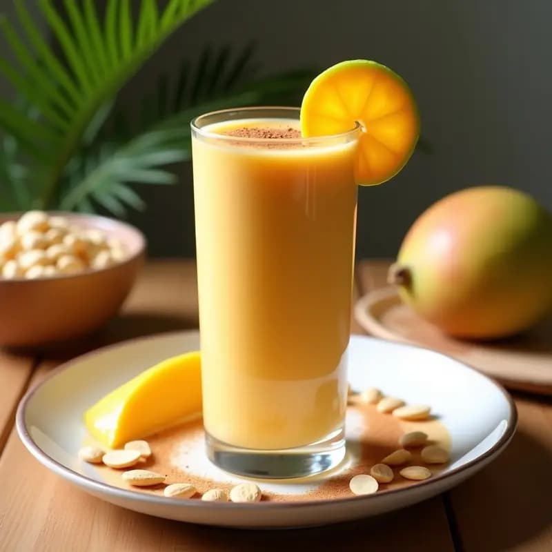 Vaso alto transparente con Smoothie de Maracaibo cremoso, de color anaranjado claro, decorado con almendras fileteadas, canela en polvo y una rodaja de guayaba en el borde. Fondo con hoja de palma y luz natural resaltando la textura sedosa de la bebida.