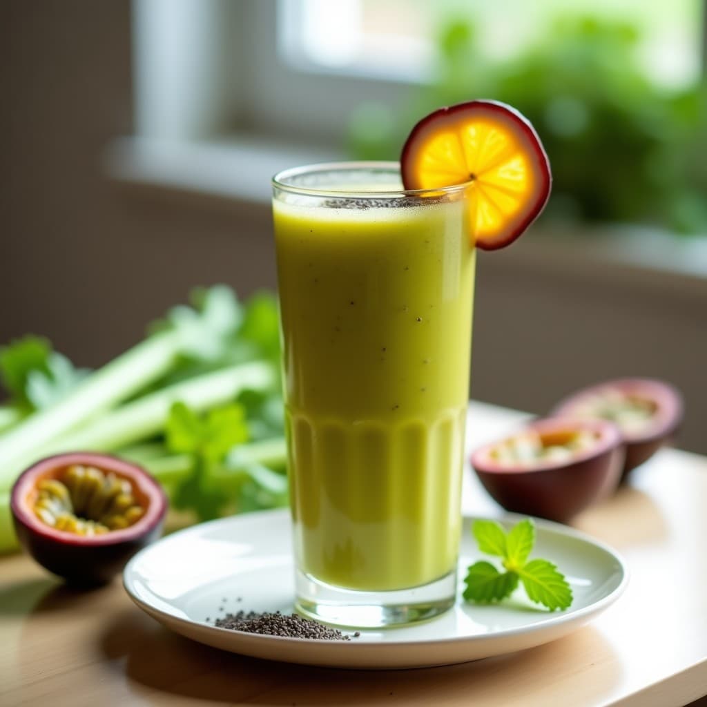 Vaso alto transparente con smoothie de maracuyá y apio de color verde amarillento, decorado con semillas de chía y una rodaja de maracuyá. Fondo con tallos de apio y hojas verdes frescas.