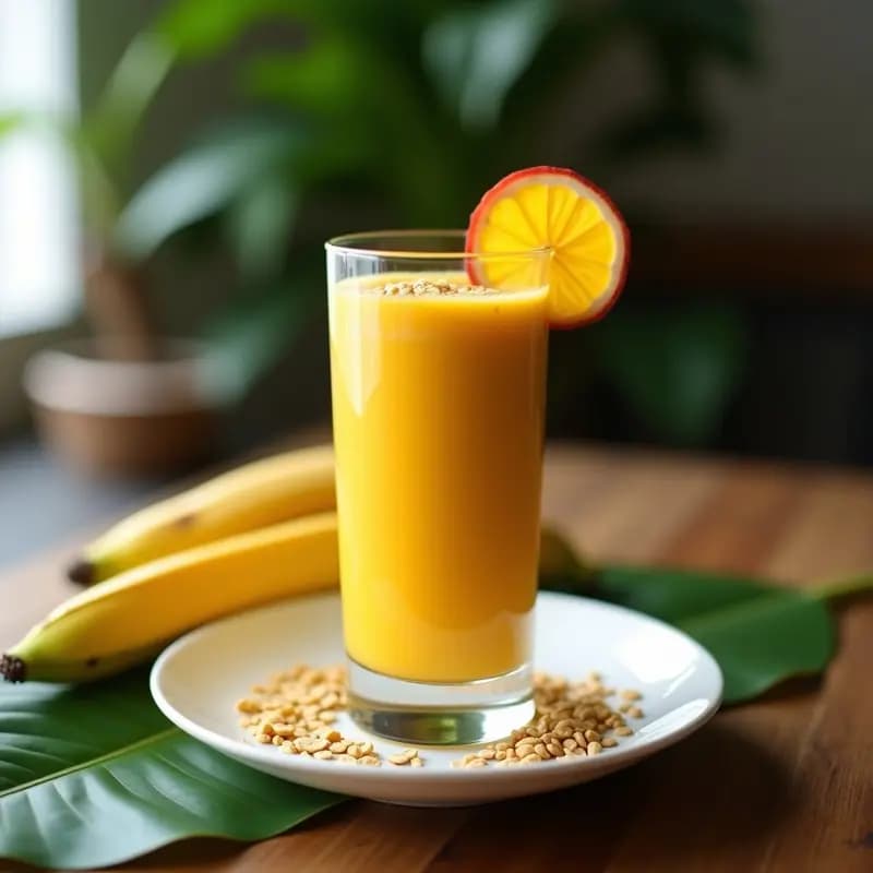 Vaso alto transparente con smoothie de maracuyá y avena, de color amarillo cremoso con vetas naranjas, decorado con semillas de lino y una rodaja de maracuyá. Fondo con hojas de plátano y luz natural que resalta su textura fresca y apetecible.