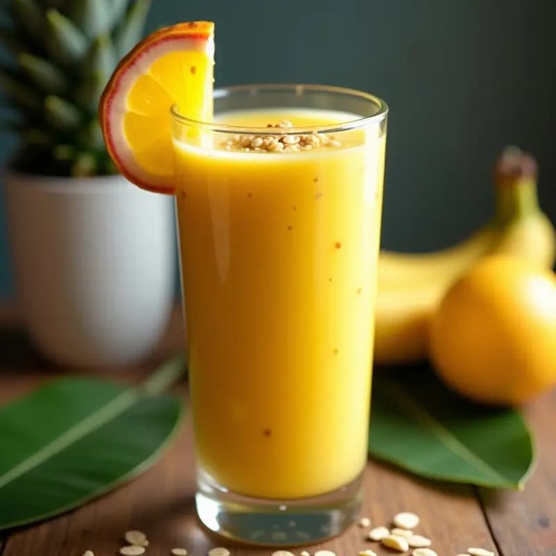 Vaso alto transparente con Smoothie de Maracuyá y Avena, bebida colombiana energizante y sin lácteos, de color amarillo intenso con semillas de lino visibles, decorado con rodaja de maracuyá y avena tostada, sobre fondo rústico de madera con hojas de plátano.