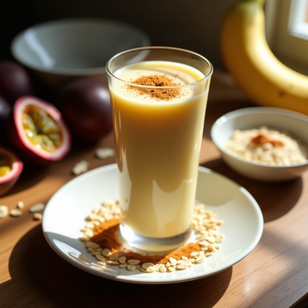 Vaso alto de cristal con smoothie cremoso de color amarillento, decorado con semillas de sacha inchi y una pizca de canela, sobre una mesa rústica de madera con pulpa de maracuyá y copos de avena al lado, receta de desayuno peruano alto en omega-3.
