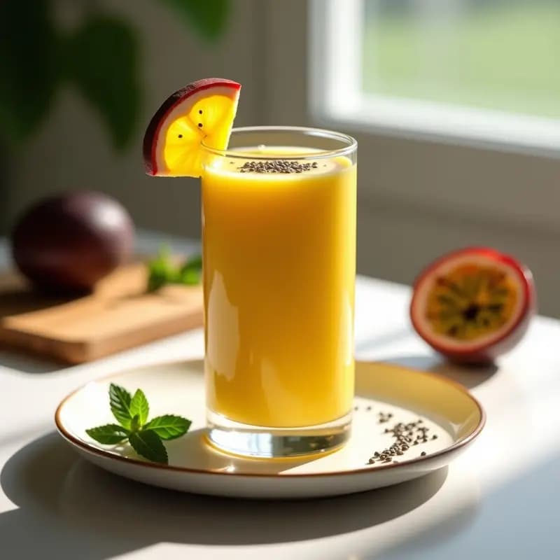 Vaso alto de cristal con smoothie de maracuyá y chía, de color amarillo vibrante con vetas de semillas negras, decorado con una rodaja de maracuyá y semillas de chía en el borde. Fondo con hojas de menta y luz natural.