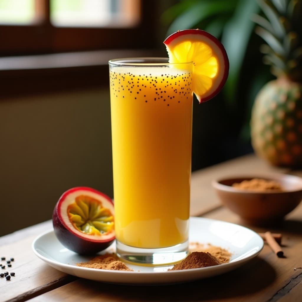 Vaso alto transparente con Smoothie de Maracuyá y Chía, de color amarillo vibrante con semillas de chía negras en suspensión, decorado con una rodaja de maracuyá y una pizca de canela. Fondo de cocina rústica con ingredientes venezolanos al lado.