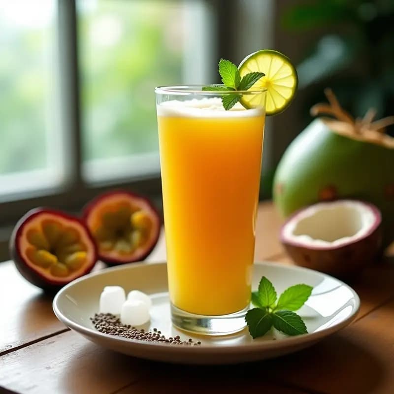 Vaso alto transparente con smoothie de maracuyá y cóco, de color amarillo vibrante con espuma blanca, decorado con una rodaja de limón y hojas de menta. Fondo con ingredientes: maracuyás abiertos, cóco verde partido y semillas de chía.