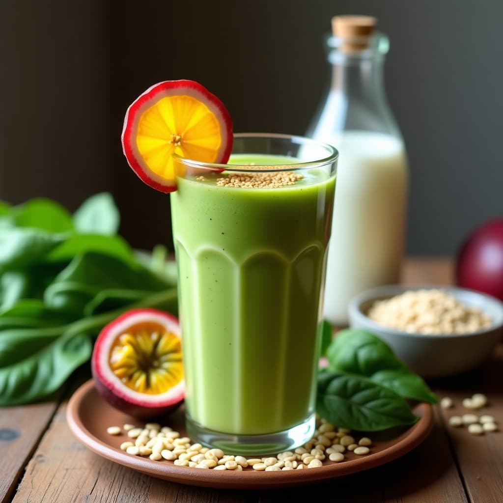 Vaso alto transparente con smoothie verde vibrante de maracuyá y espinacas con leche de avena, decorado con semillas de lino dorado y una rodaja de maracuyá. Fondo de cocina natural con ingredientes frescos alrededor.