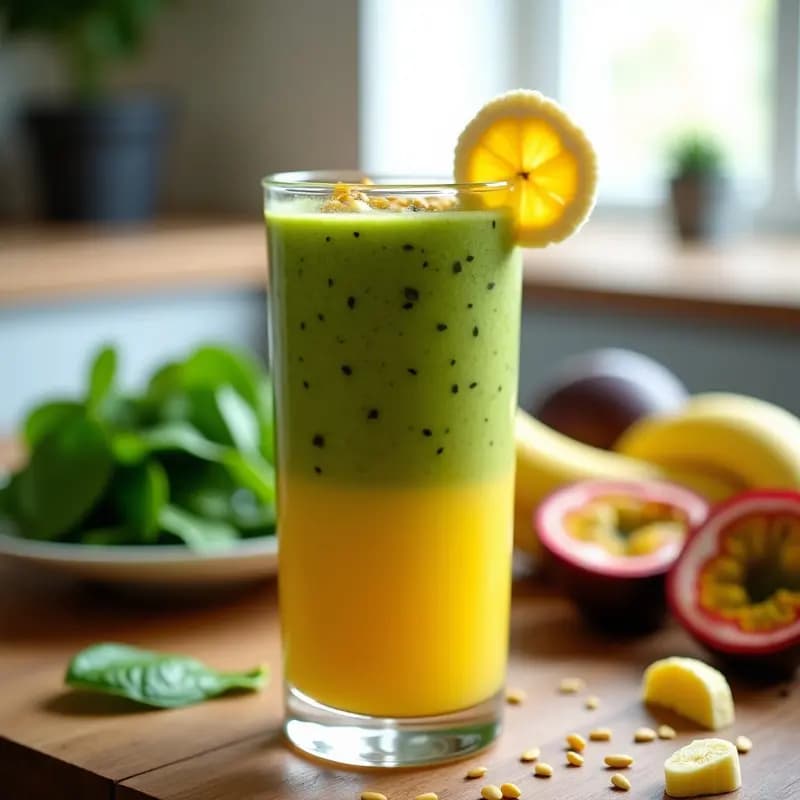 Vaso alto de cristal con smoothie de maracuyá y espinacas, color verde vibrante con toques amarillos, decorado con semillas de girasol y una rodaja de plátano. Fondo con hojas de espinacas y frutos de maracuyá.