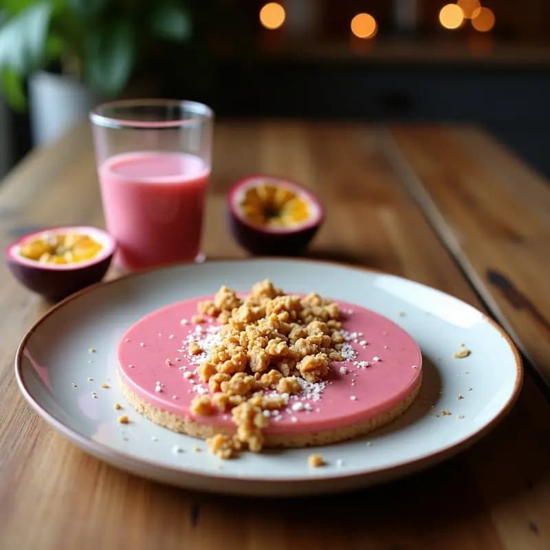 Bol de desayuno con smoothie cremoso de maracuyá y kéfir, coronado con granola dorada de coco y almendras, semillas de chía y rodajas de plátano. Receta de desayuno brasileño probiótico, saludable y sin azúcar.