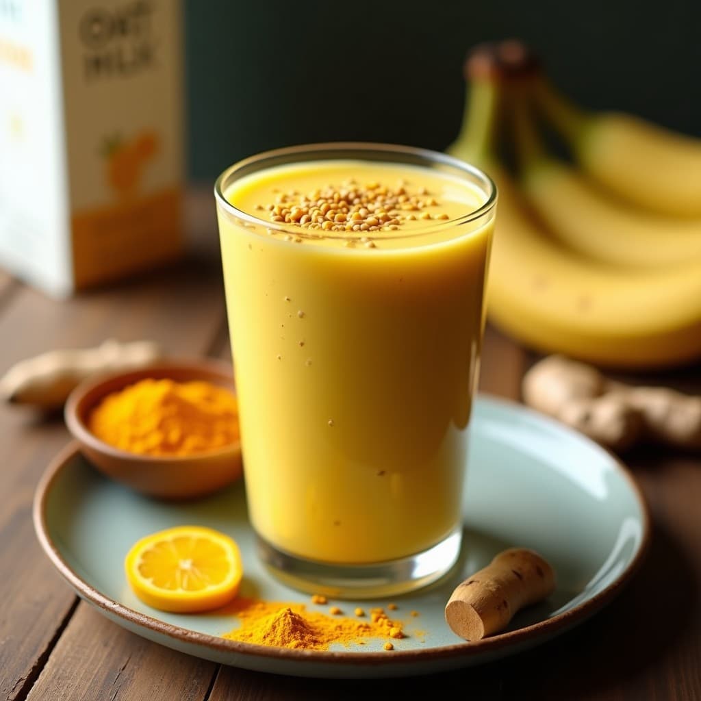 Vaso alto transparente con smoothie cremoso de color amarillento, coronado con semillas de lino y rodajas de maracuyá. Fondo con ingredientes: plátano, cúrcuma en polvo y jengibre fresco. Bebida antiinflamatoria para el intestino.