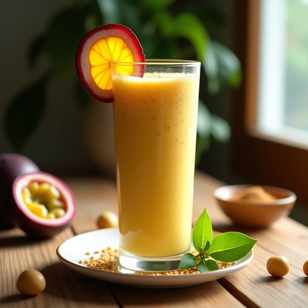 Vaso alto transparente con smoothie cremoso de color amarillento, coronado con semillas de lino y una rodaja de maracuyá fresca. Fondo con hojas de maracuyá y nueces de macadamia dispersas sobre una superficie de madera rústica. Luz natural que resalta la textura espumosa de la bebida brasileña energética y sin azúcar.