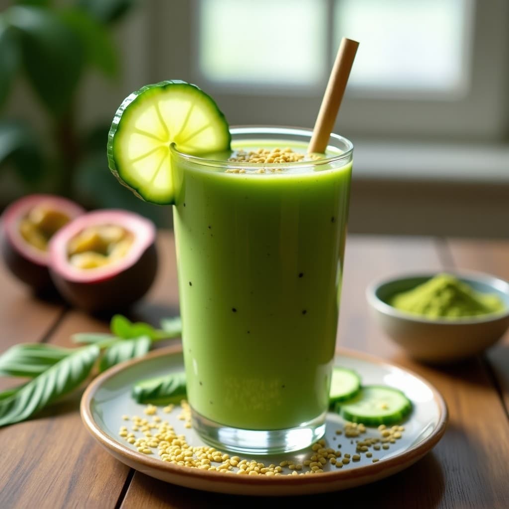 Vaso alto transparente con smoothie verde vibrante de maracuyá y pepino con espirulina, decorado con rodaja de pepino y semillas de lino dorado, servido con una pajita de bambú sobre fondo de madera rústica.