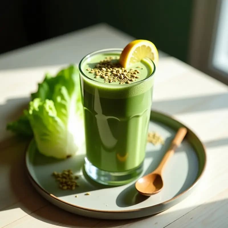 Smoothie verde vibrante servido en vaso alto de cristal con pajita de bambú, decorado con semillas de sésamo negro y un toque de matcha en polvo, sobre fondo de madera con hojas de lechuga y apio al lado.