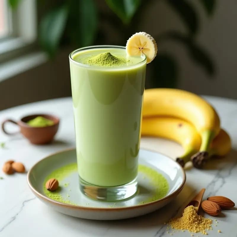 Vaso alto transparente con smoothie de matcha y plátano, de color verde claro con vetas cremosas, decorado con una pizca de matcha en polvo y una rodaja de plátano. Fondo claro con ingredientes dispersos: plátano, semillas de lino y una cucharadita de matcha.