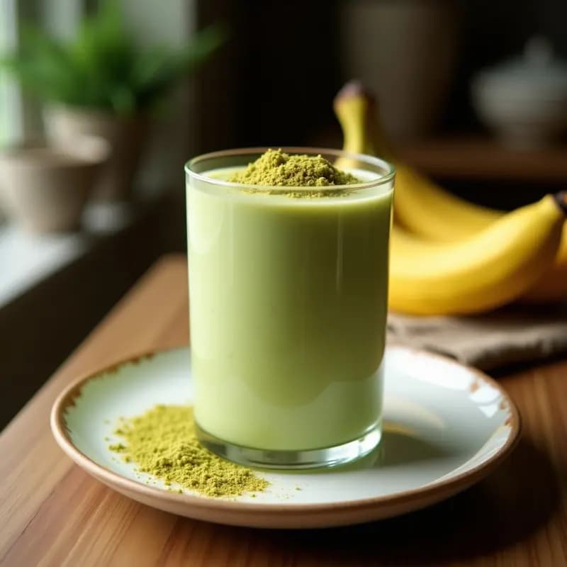 Vaso alto transparente con smoothie verde vibrante de matcha, plátano y leche de pistacho, decorado con una rodaja de plátano y espolvoreado con matcha en polvo, sobre una mesa de madera con pistachos y una cucharita de bambú. Bebida energética y antioxidante japonesa.