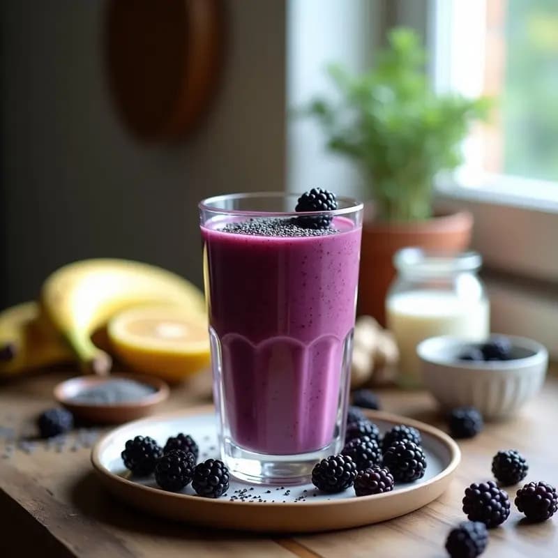 Vaso alto transparente con smoothie de mora y chía, decorado con semillas de chía y moras frescas, sobre una mesa de madera con ingredientes alrededor.