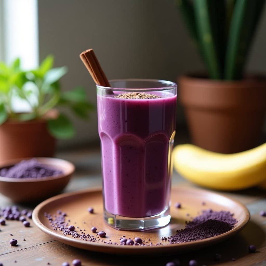 Vaso alto transparente con smoothie morada vibrante, decorado con semillas de chía y una pizca de canela, sobre una mesa de madera rústica con ingredientes como plátano, maca en polvo y maíz morado al fondo.