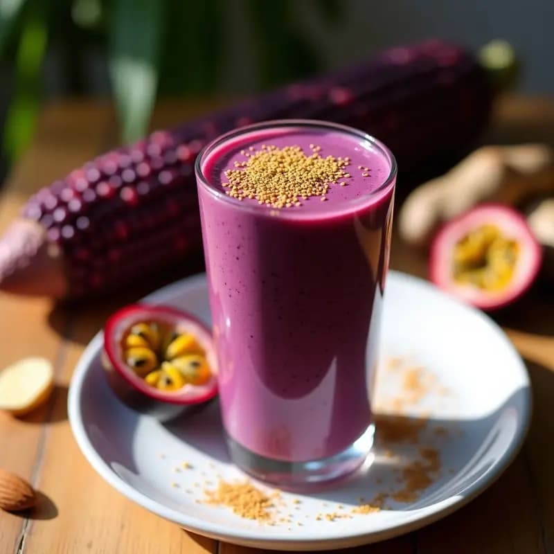 Vaso alto de cristal con smoothie morado vibrante, decorado con semillas de sacha inchi y una rodaja de maracuyá. Color intenso morado oscuro con espuma ligera en la superficie. Fondo con ingredientes naturales como maíz morado, maracuyá abierto y hojas de menta.