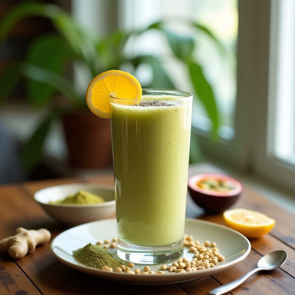Vaso alto de cristal transparente con smoothie verde cremoso de moringa y maracuyá, coronado con semillas de chía y una pizca de moringa en polvo. Fondo con hojas de menta y rodajas de maracuyá fresco sobre una superficie de madera rústica.