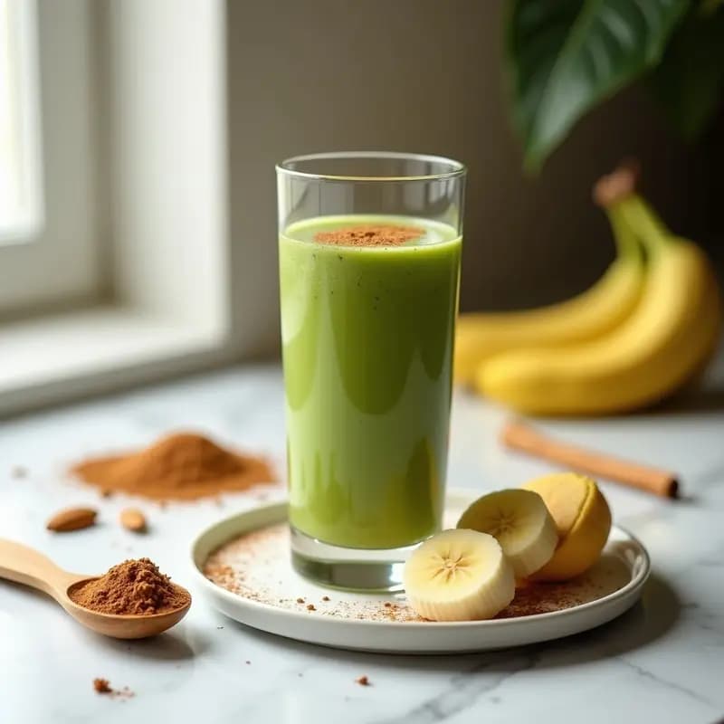 Vaso alto de cristal con smoothie verde cremoso de moringa, plátano y almendras, espolvoreado con canela de Ceilán en polvo. Fondo de cocina minimalista con ingredientes dispersos: plátano en rodajas, almendras enteras y una cucharada de polvo de moringa.