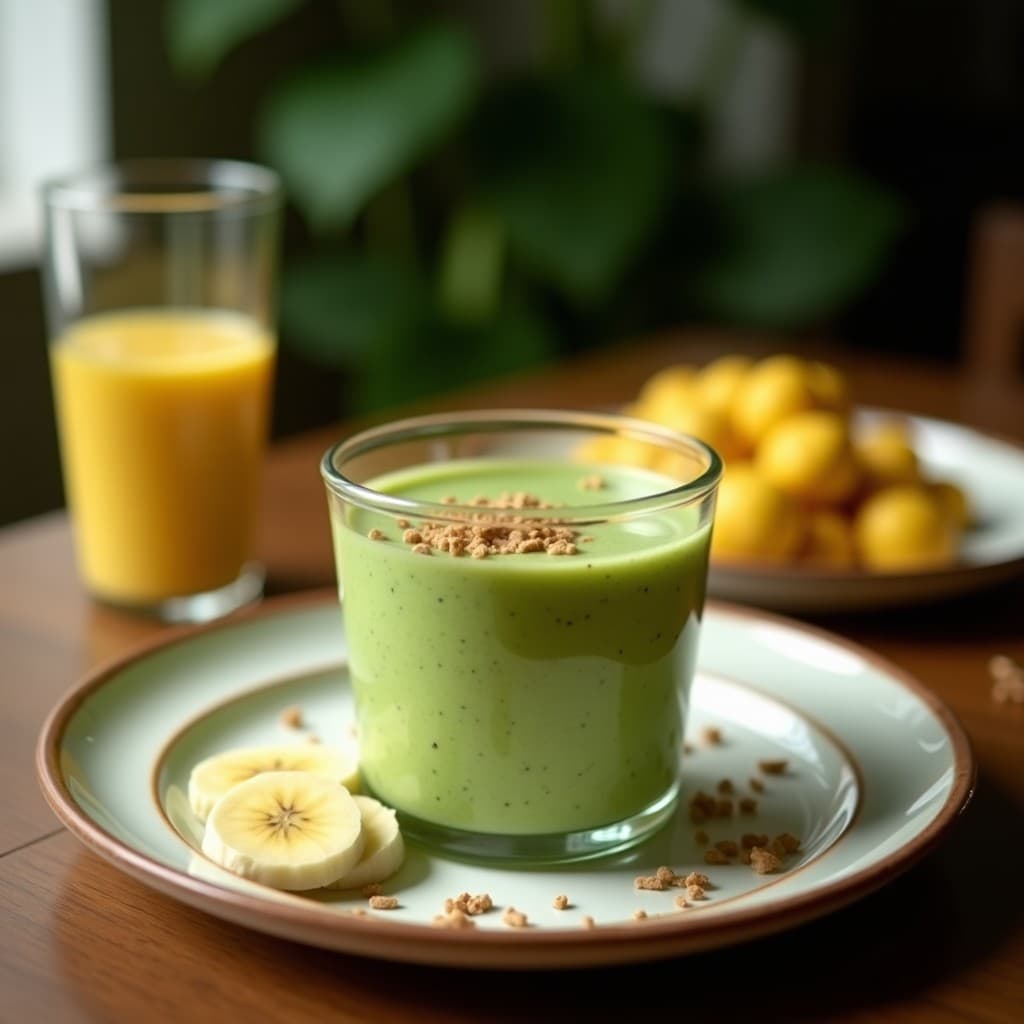 Vaso transparente con smoothie verde espeso de moringa y plátano, coronado con semillas de chía y una pizca de canela, servido sobre una tabla de madera con hojas de moringa y un plátano en rodajas al lado.