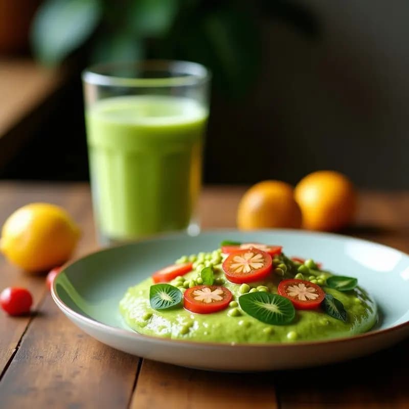 Vaso alto transparente con smoothie de moringa y plátano macho, de color verde claro con vetas cremosas, decorado con semillas de chía y canela en polvo sobre una mesa de madera rústica con ingredientes al lado: plátano macho, moringa en polvo y leche de coco.