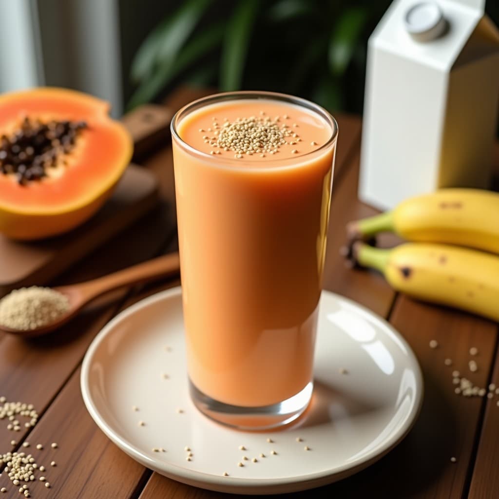 Vaso alto transparente con smoothie de papaya y semillas de amapola con leche de anacardos, decorado con semillas de amapola en la superficie, fondo de cocina rústica con ingredientes visibles.