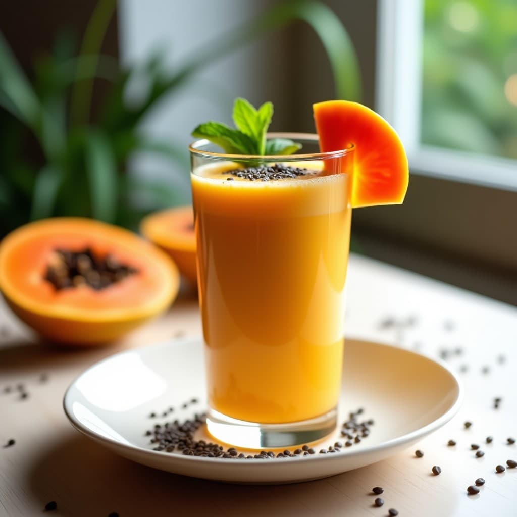 Vaso alto de cristal con smoothie de papaya y chía con leche de anacardos vegano, decorado con semillas de chía, rodaja de papaya y hoja de menta, sobre fondo blanco con textura tropical.