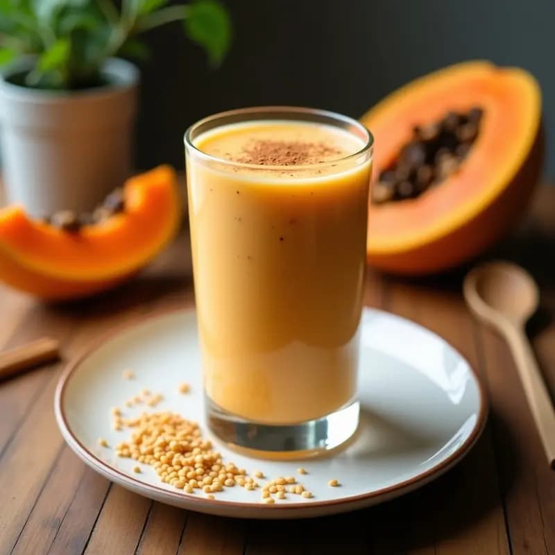 Vaso alto de cristal con Smoothie de Papaya y Linaza Dorada con Leche de Soja, bebida desintoxicante cremosa de color naranja claro, decorado con una pizca de canela en polvo y semillas de linaza dorada espolvoreadas. Fondo con trozos de papaya fresca y una cuchara de madera.