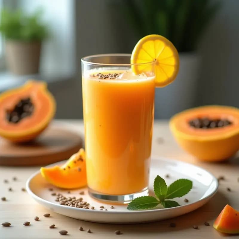 Vaso alto transparente con smoothie cremoso de color naranja claro, decorado con semillas de cardo mariano y una rodaja de limón al borde. Fondo blanco con ingredientes naturales dispersos: papaya, plátano y jengibre.