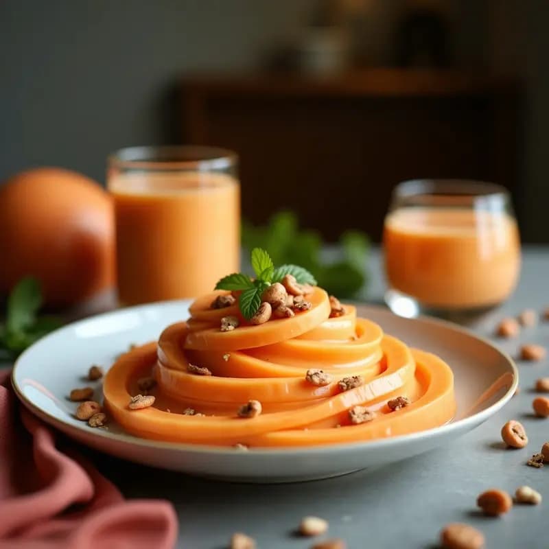 Vaso alto transparente con smoothie de papaya y semillas de chía, bebida mexicana vegana y energética, decorado con rodaja de papaya y semillas de chía espolvoreadas, sobre fondo de madera rústica con hojas de menta.