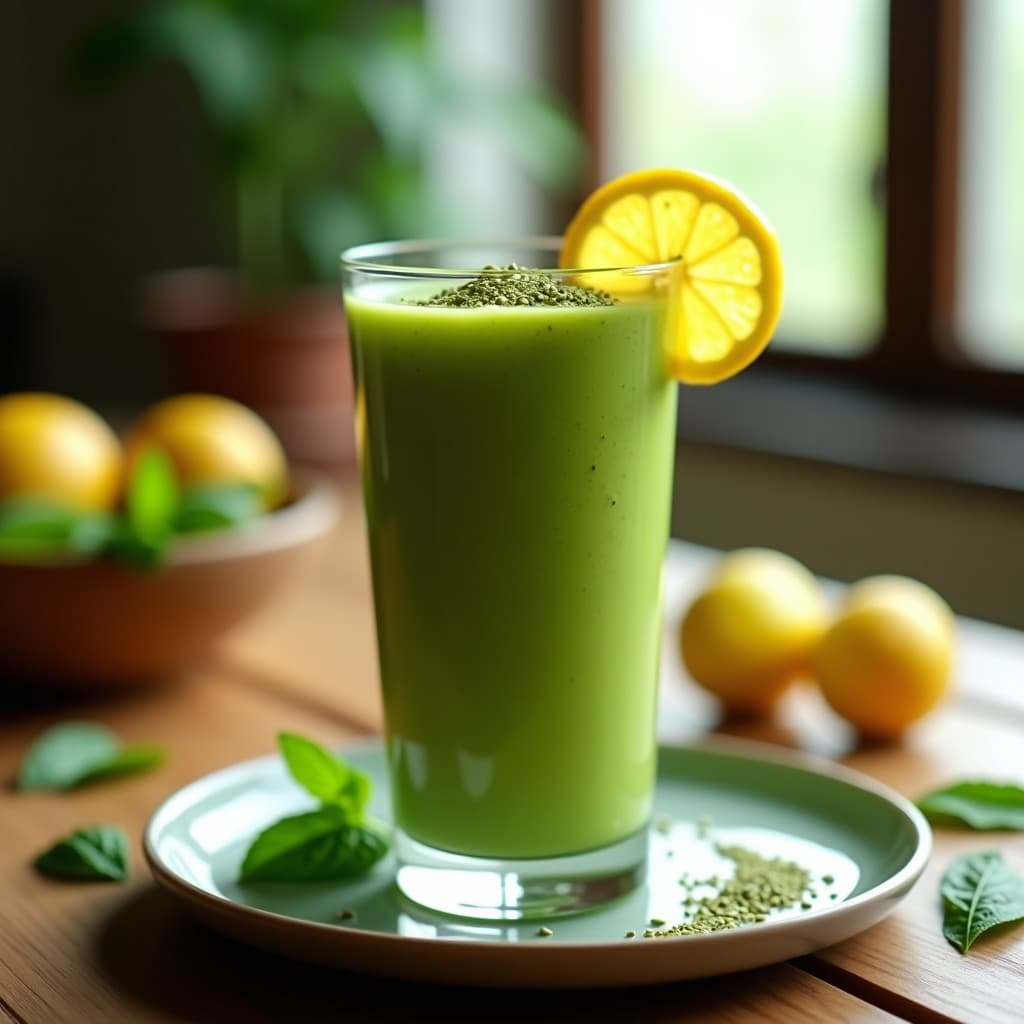 Vaso alto transparente con smoothie verde cremoso de papaya verde y moringa, decorado con una rodaja de limón y semillas de moringa espolvoreadas, sobre fondo de madera rústica con hojas de menta.
