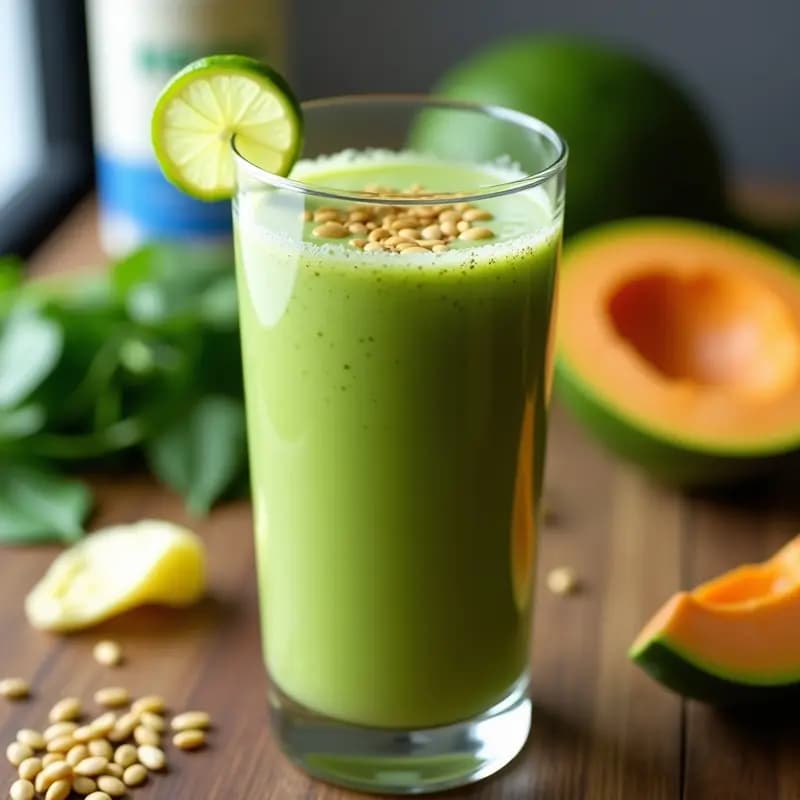 Vaso alto transparente con smoothie verde cremoso de papaya verde y semillas de calabaza, decorado con semillas por encima y una rodaja de limón al lado. Fondo de encimera de madera con ingredientes dispersos: trozos de papaya verde, espinacas y semillas de calabaza.