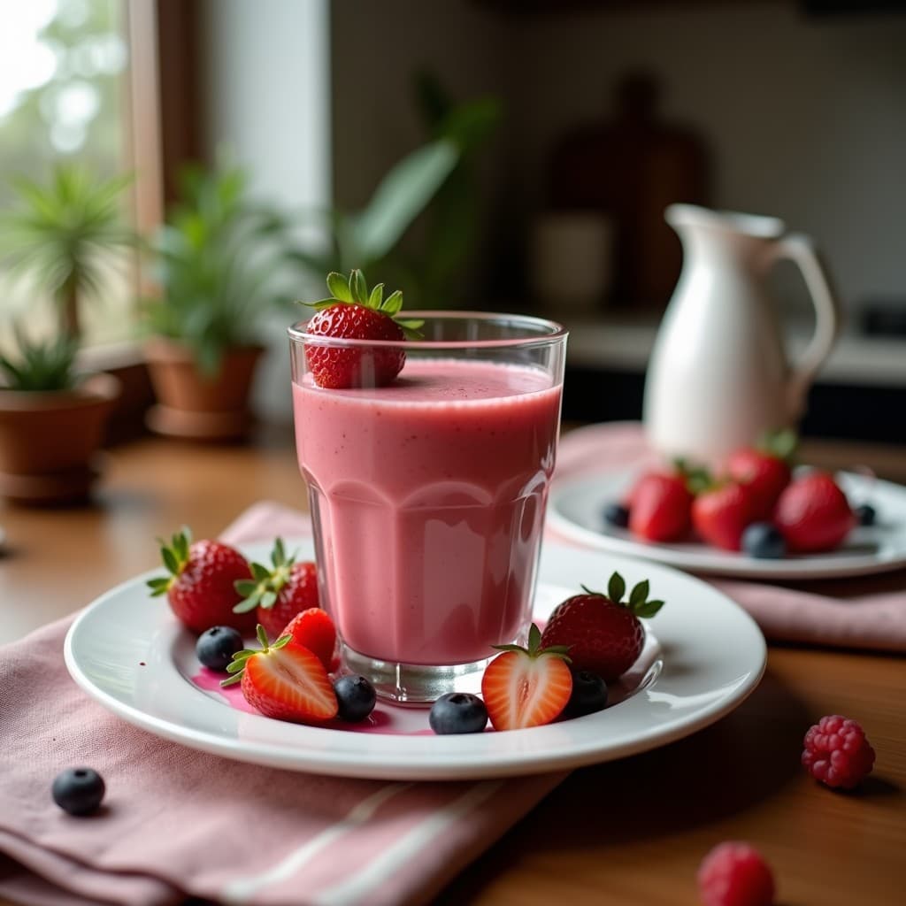 Vaso alto transparente con smoothie rosa pálido de péptidos de colágeno, fresas y albahaca, decorado con una rodaja de fresa y una hoja de albahaca fresca. Fondo claro con gotas de agua condensada en el vaso, resaltando la textura cremosa y el color vibrante. Bebida anti-edad sin azúcar.