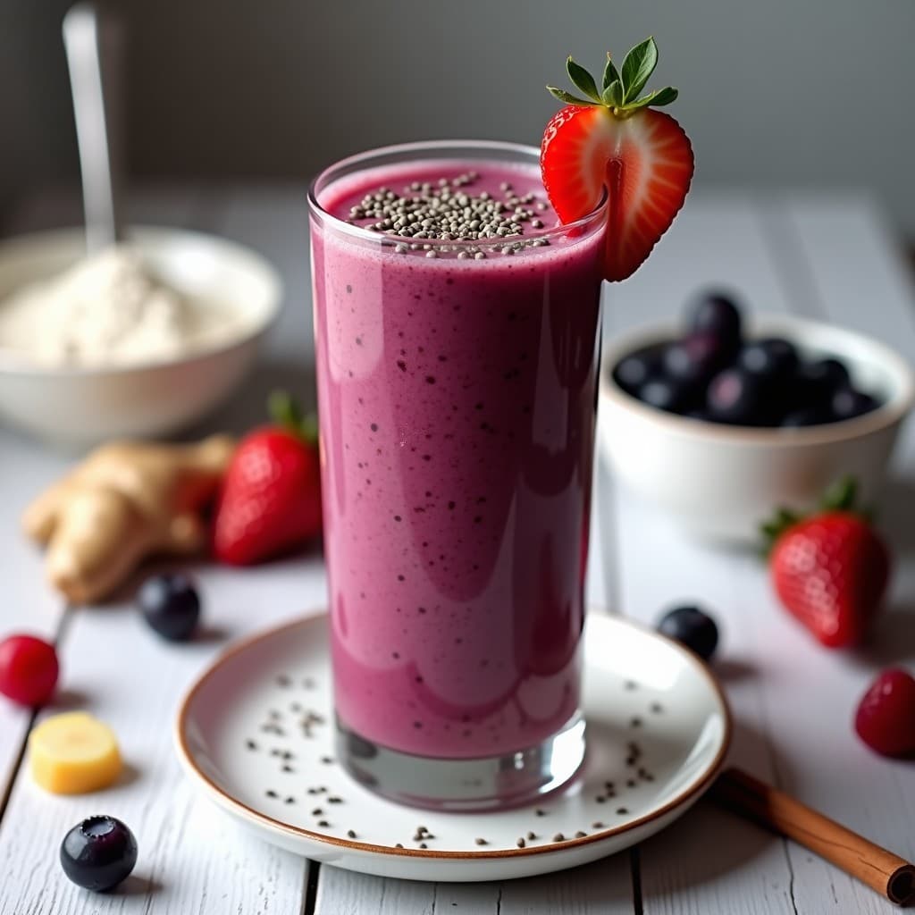Vaso de cristal alto con smoothie de péptidos de colágeno y frutos rojos, de color rosa intenso con toques cremosos, decorado con frambuesas frescas y una pizca de canela en polvo. Bebida antienvejecimiento y proteica servida sobre una mesa de madera con ingredientes al lado.