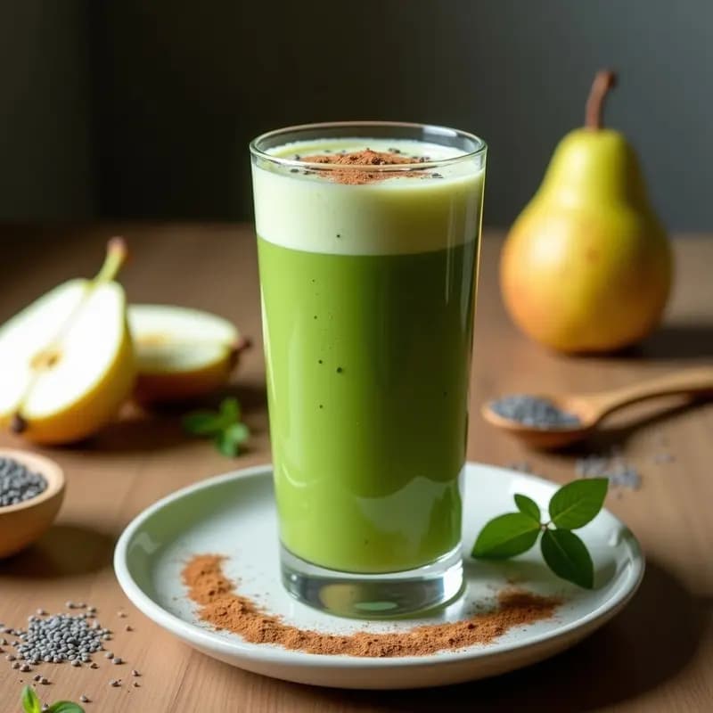 Vaso alto transparente con smoothie de pera y espirulina, color verde claro con vetas oscuras, servido con una paja de metal sobre fondo de madera rústica. Alrededor, ingredientes como pera cortada, semillas de chía y espirulina en polvo.