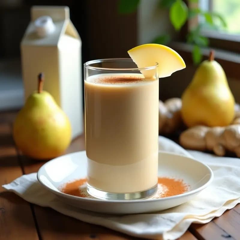 Vaso alto transparente con smoothie cremoso de color beige claro, decorado con una pizca de canela en polvo y una rodaja de pera fresca en el borde. Al fondo, ingredientes como jengibre fresco, peras enteras y un cartón de leche de anacardos. Receta de smoothie antiinflamatorio sin lácteos.