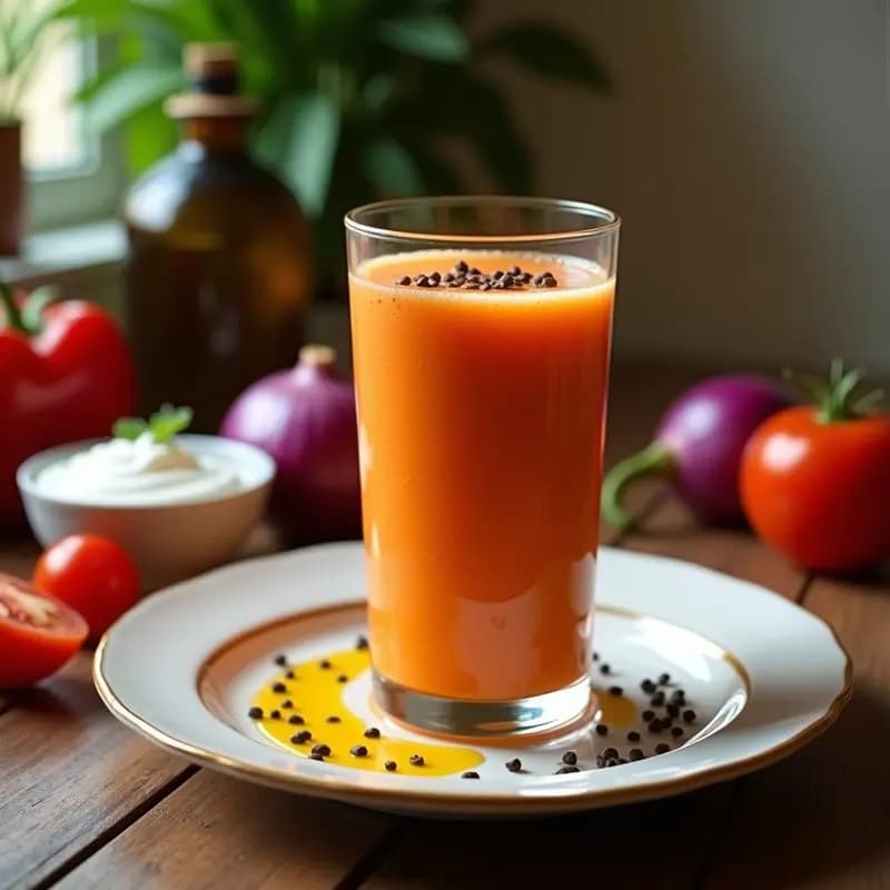Vaso alto transparente con smoothie de piperrada y yogur griego, de color naranja rojizo, decorado con un hilo de aceite de oliva virgen extra y semillas de pimienta negra. Fondo rústico con ingredientes frescos: pimientos asados, cebolla morada y tomate.