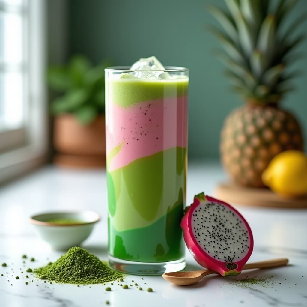 Vaso alto transparente con smoothie de pitahaya y espirulina de color verde suave y rosa, decorado con semillas de cáñamo y una pizca de espirulina en polvo. Fondo blanco con detalles de fruta de dragón cortada al lado.