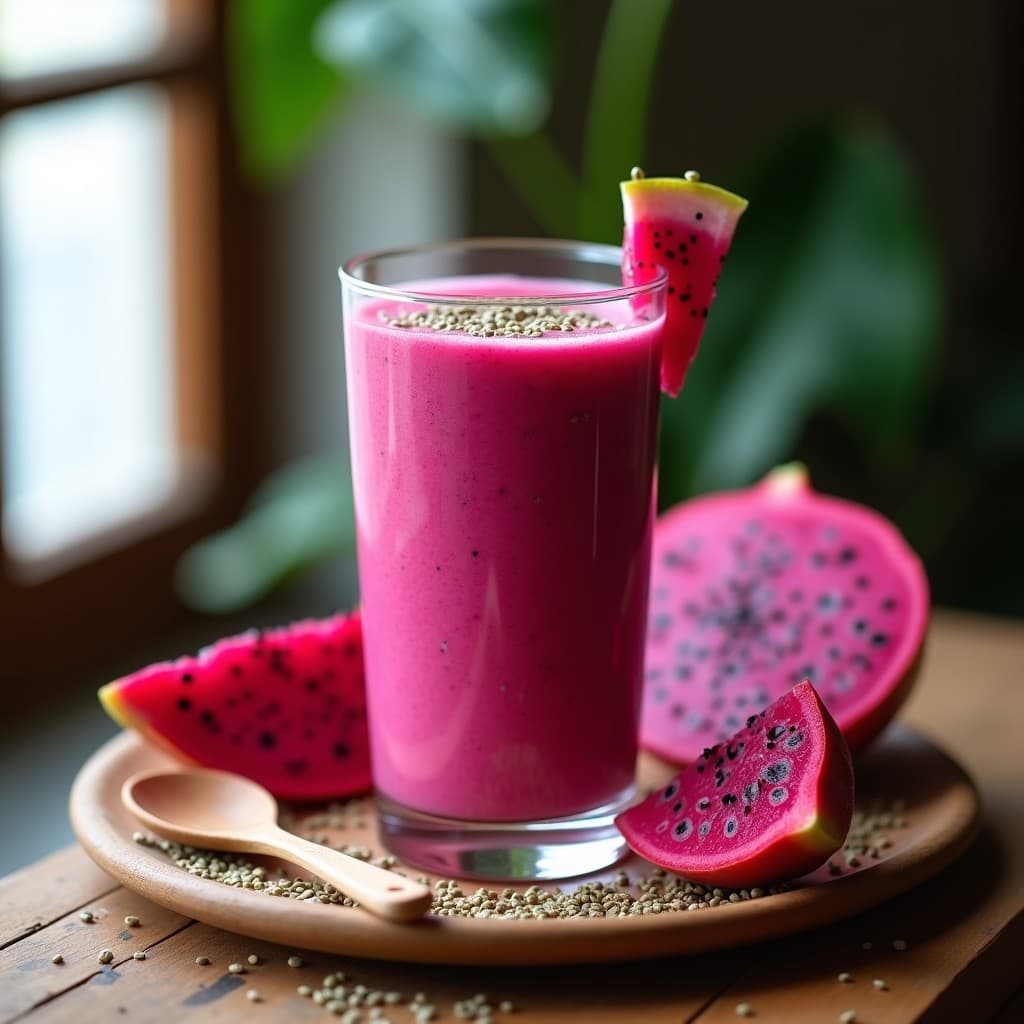 Vaso alto transparente con smoothie rosa vibrante de pitahaya y linaza, decorado con semillas de chía y linaza dorada espolvoreadas en la superficie, sobre una mesa de madera rústica con rodajas de pitahaya fresca y una cuchara de madera. Bebida mexicana alta en omega-3 y proteína vegana.