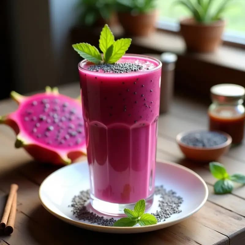 Vaso alto transparente con smoothie rosa vibrante de pitaya y chía, decorado con hojas de hierbabuena fresca y semillas de chía en la superficie, sobre una mesa de madera rústica con ingredientes al fondo.