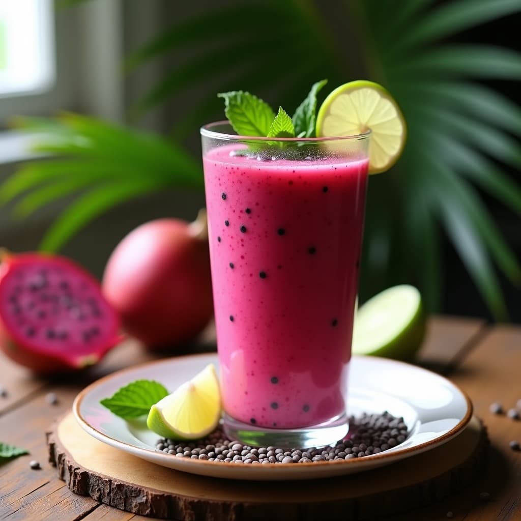 Vaso alto transparente con smoothie de pitaya roja y semillas de chía, color rosa vibrante, decorado con semillas de chía espolvoreadas y una rodaja de limón al borde. Fondo tropical con hojas de palmera y luz natural.