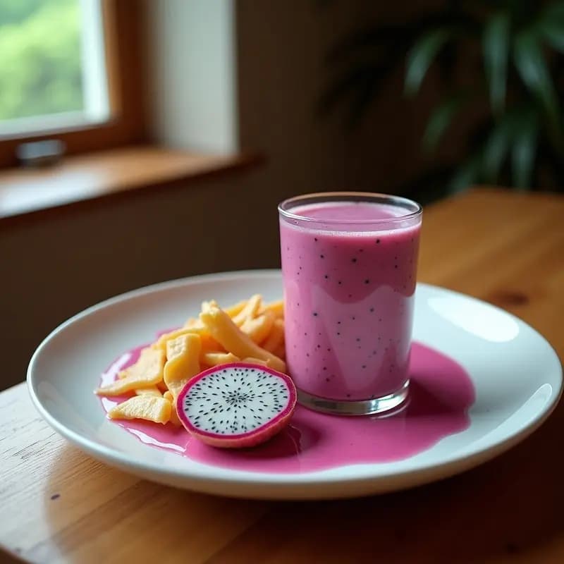 Vaso alto transparente con smoothie de pitaya y coco de color rosa vibrante, decorado con semillas de sésamo tostadas y una rodaja de limón en el borde. Fondo de cocina minimalista con ingredientes frescos como pitaya y coco al lado.