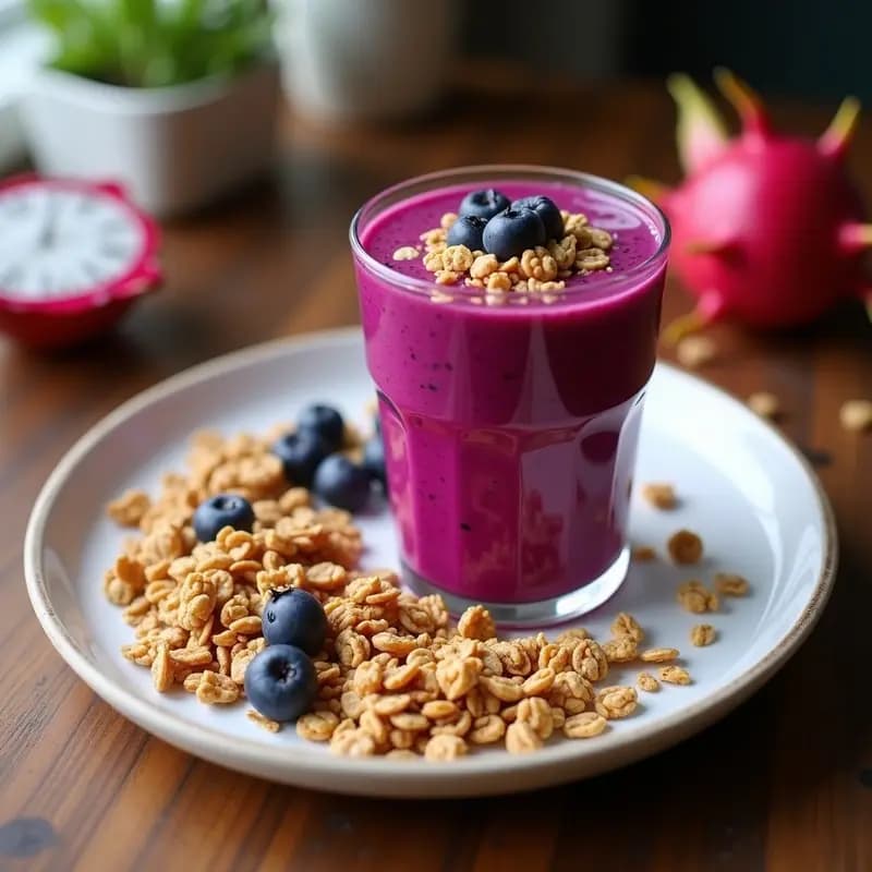 Bol de cerámica blanca con smoothie de pitaya y coco de color rosa vibrante, decorado con granola dorada, frutos rojos, coco rallado y hojas de menta. Fondo minimalista con luz natural que resalta los colores y texturas del desayuno vegano alto en antioxidantes.