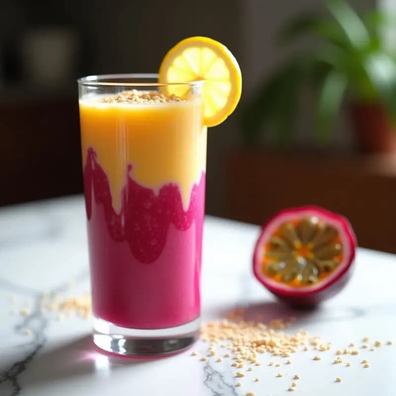 Vaso alto transparente con smoothie de pitaya y maracuyá, de color rosado vibrante con vetas amarillas, espolvoreado con semillas de sésamo y decorado con una rodaja de limón. Fondo blanco con gotas de agua condensada en el vaso.