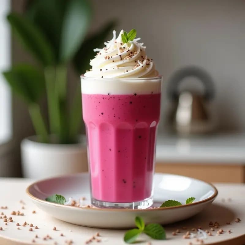 Vaso alto transparente con smoothie de pitaya de color rosado intenso, coronado con merengue de aquafaba blanco y esponjoso en forma de espirales. Semillas de chía y coco rallado como decoración. Fondo claro con elementos naturales como hojas de menta.
