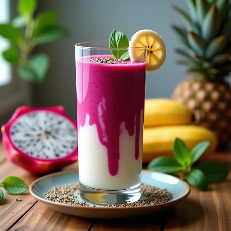 Vaso alto transparente con smoothie de pitaya y plátano, de color rosa vibrante con vetas blancas, decorado con semillas de cáñamo y una rodaja de plátano. Fondo de encimera de madera con hojas de menta y una pitaya cortada por la mitad.