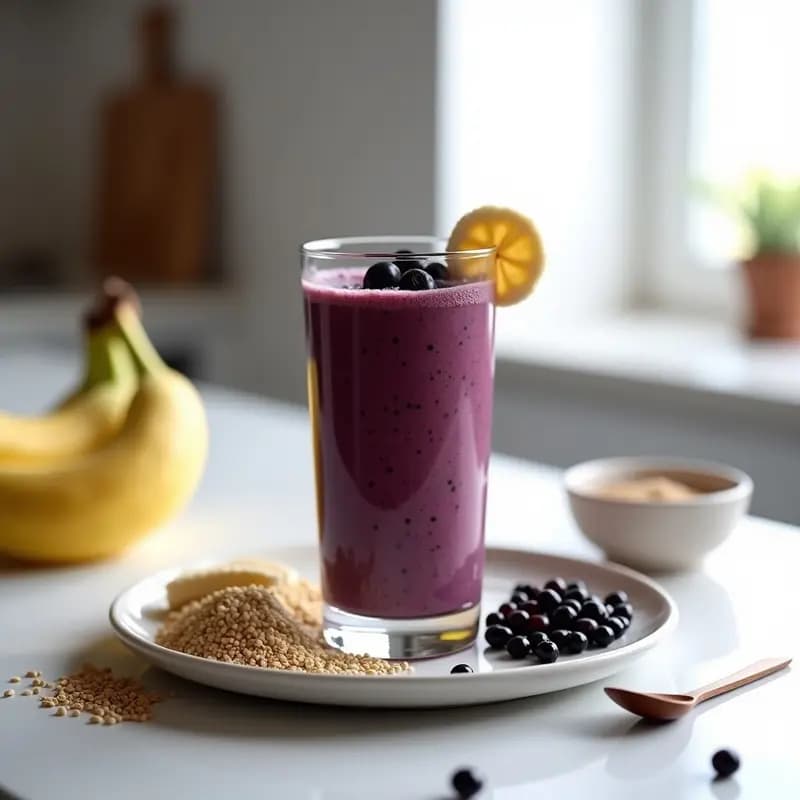 Vaso alto transparente con smoothie de color morado oscuro, espeso y cremoso, decorado con una rodaja de plátano y unas grosellas negras frescas en la parte superior. Fondo de cocina blanca con ingredientes al lado: proteinato de arroz en polvo, grosellas y semillas de lino.