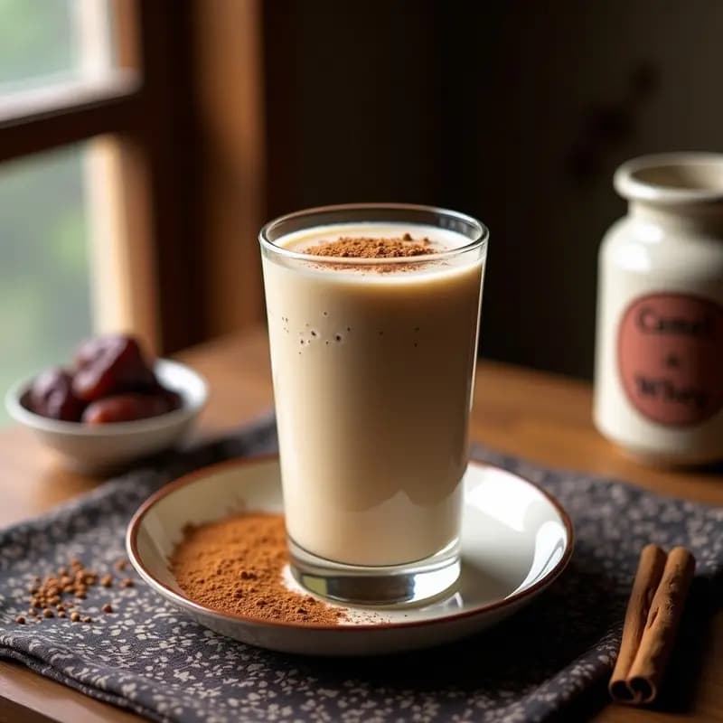 Vaso alto transparente con smoothie cremoso de color beige claro, decorado con una pizca de canela en polvo y semillas de chía. Al fondo, dátiles Medjool y un recipiente de puedes de camello, receta árabe alta en calcio y energía.