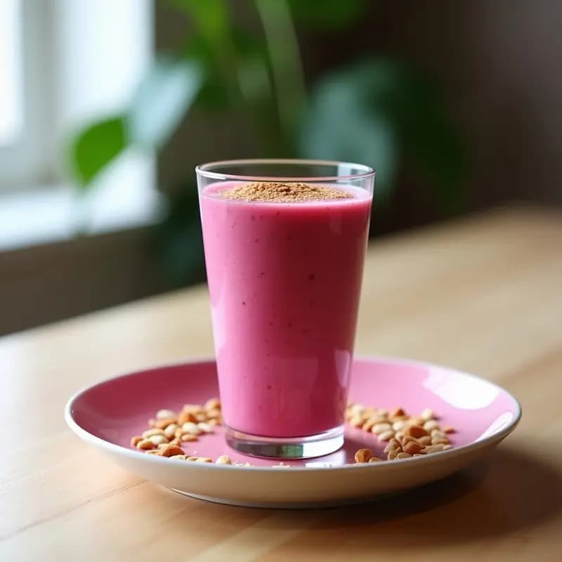 Vaso alto transparente con smoothie de remolacha y cacahuete con leche de avena, color rosa intenso, decorado con virutas de cacahuete y canela, con fondo de cocina moderna y luz natural.