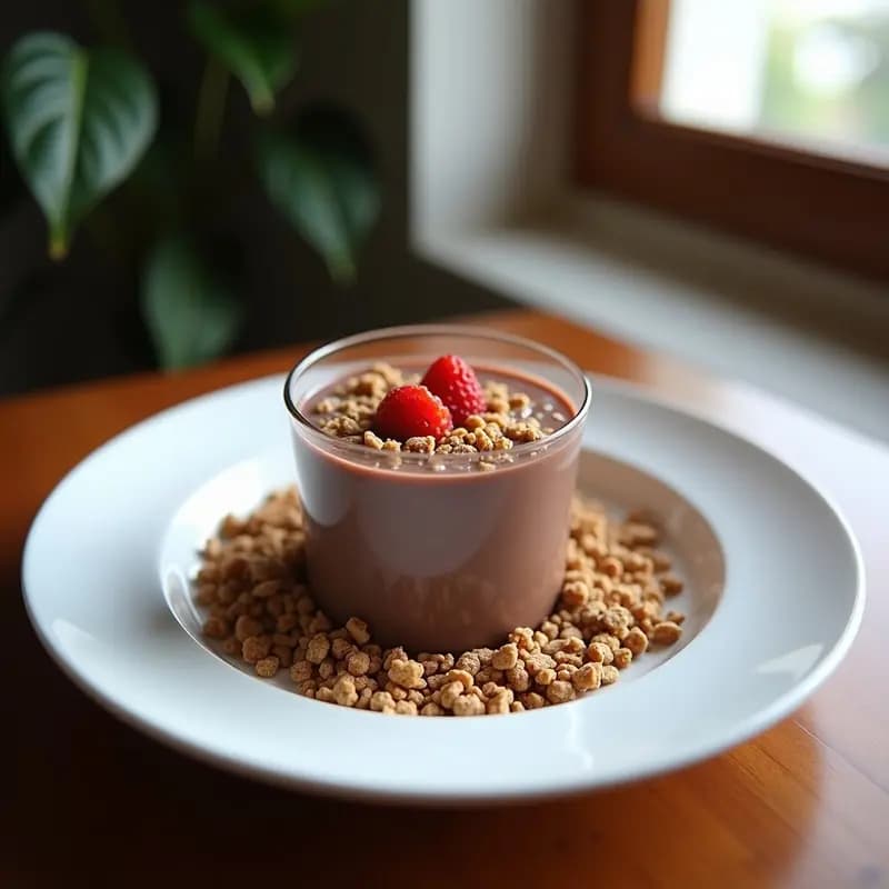 Vaso alto transparente con smoothie de remolacha y cacao de color morado intenso, coronado con granola dorada y semillas de chía. Fondo blanco con cacao en polvo y rodajas de plátano dispersas.