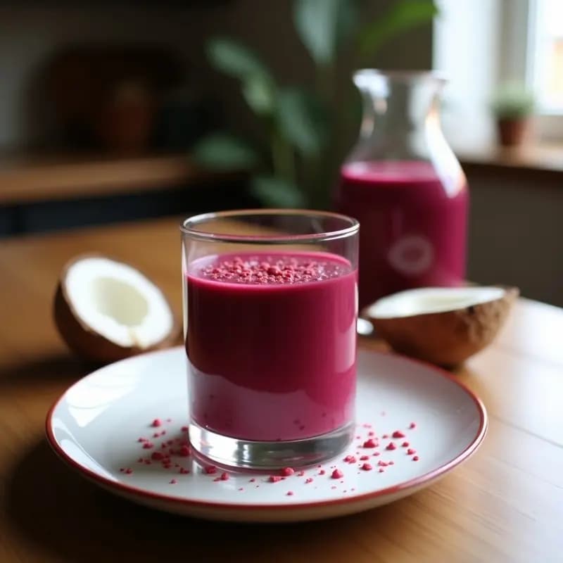 Vaso alto transparente con smoothie de remolacha y coco antiinflamatorio, color rosa vibrante, decorado con coco rallado y rodaja de remolacha, fondo de encimera de madera rústica.
